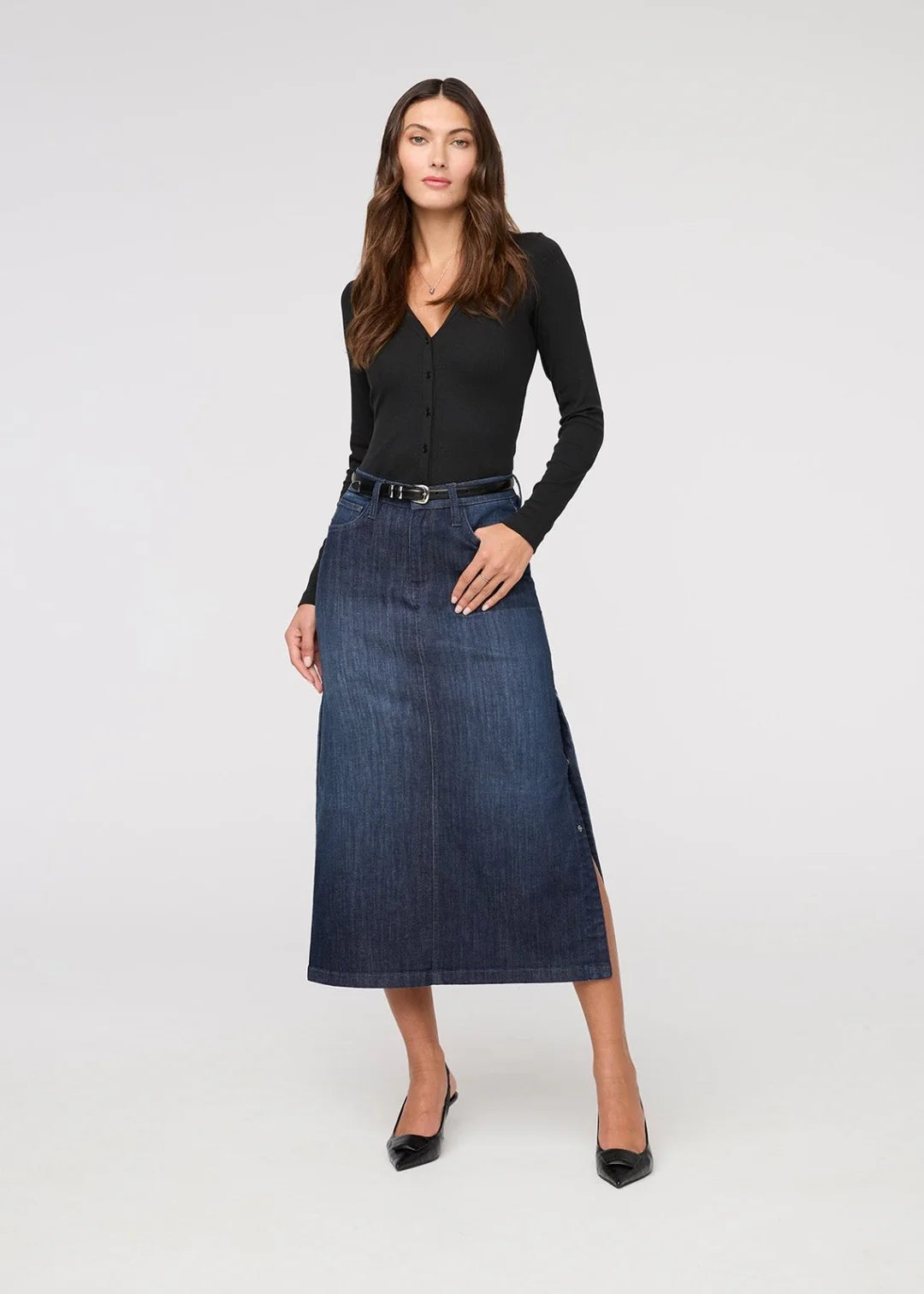 DU/ER PERFORMANCE DENIM SLIT SKIRT