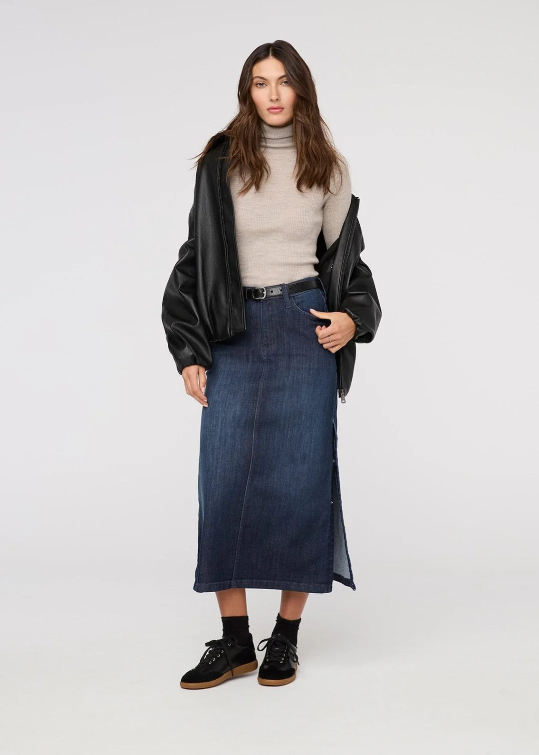 DU/ER PERFORMANCE DENIM SLIT SKIRT