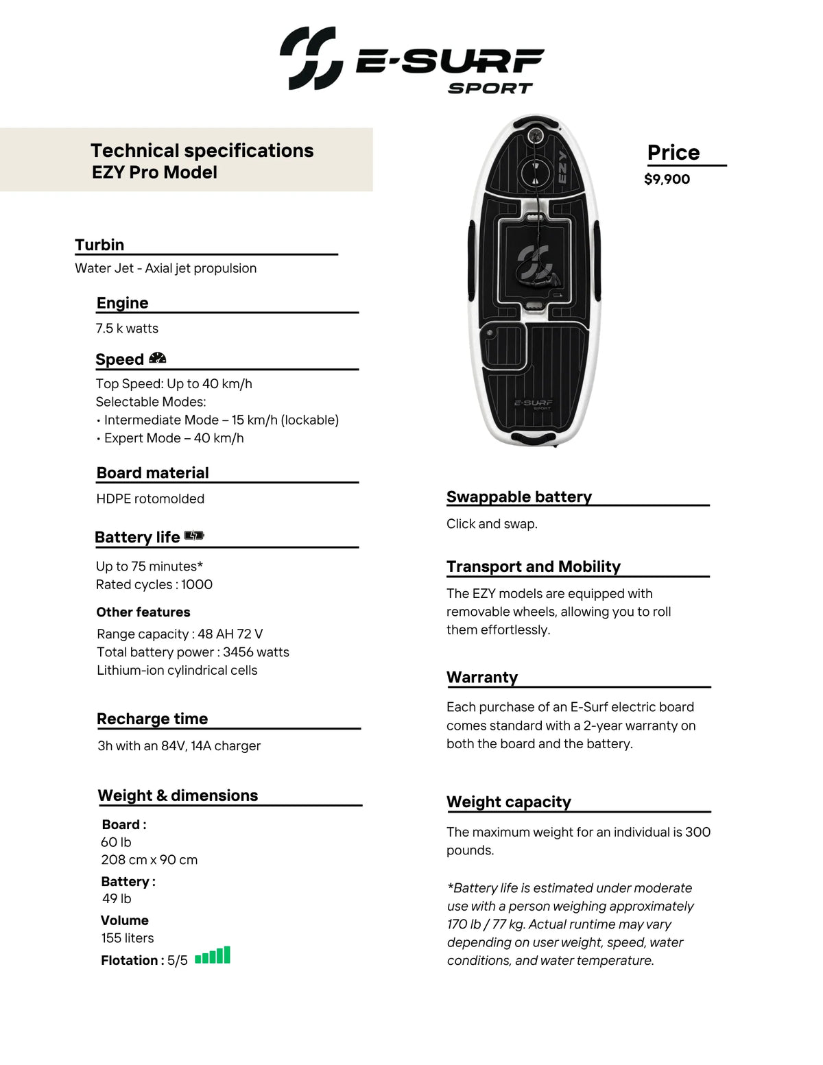 E SURF EZY PRO ELECTRIC SURF BOARD