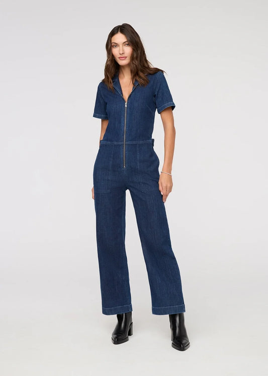 DU/ER PERFORM DENIM SHORT SLEEVE JUMPSUIT