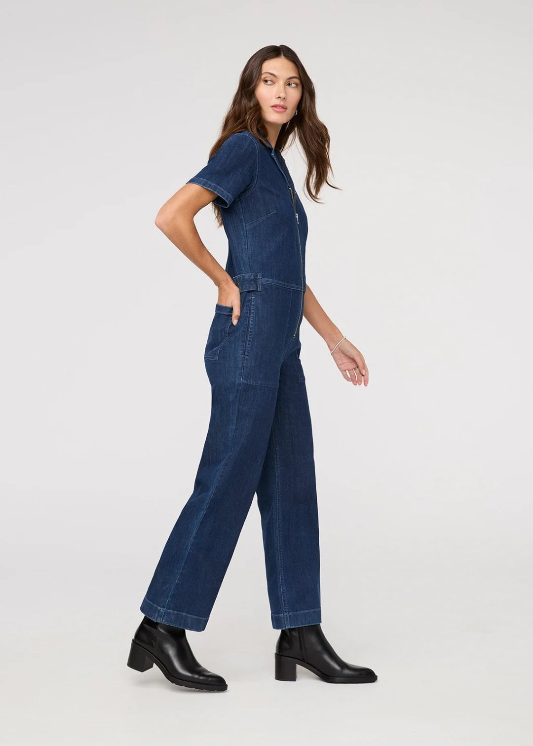 DU/ER PERFORM DENIM SHORT SLEEVE JUMPSUIT